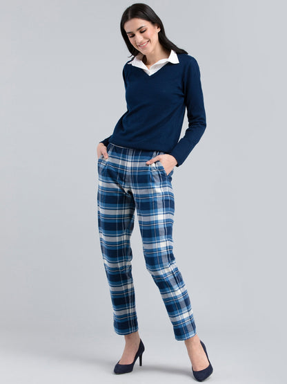 Cotton Wool Plaid Pants - Blue and White