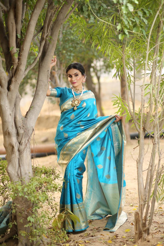 Sky-Gold  Beautiful Rich Pallu And Jacquard Saree