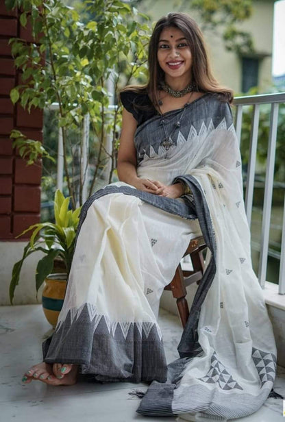 Valiba Pure Handloom Jamdani With Cotton Saree Withe Temple Border
