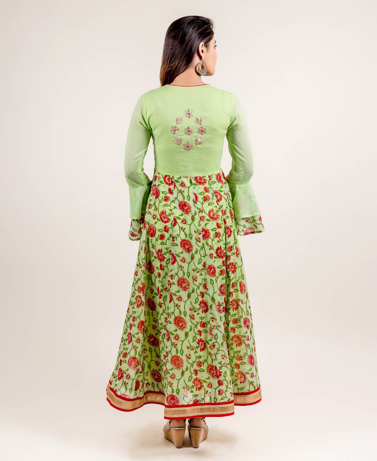 Elegant Embroidered Long Bell Sleeves Anarkali Dress