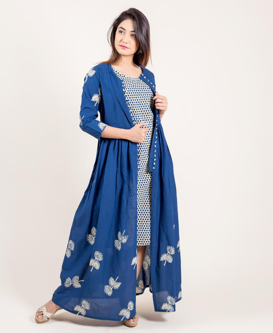 Layered Indigo Cotton Panel Printed Long Dress