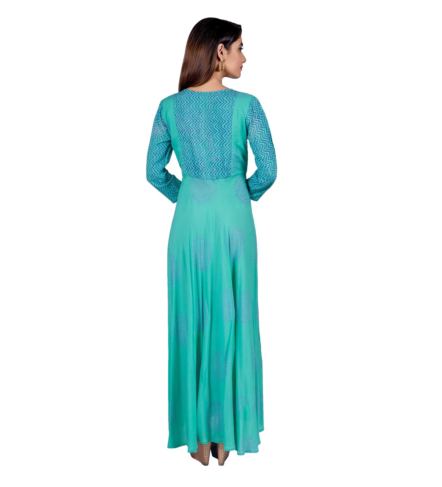 Teal Hand Block Printed Indo Western Dress with Chevron Front Panel and Sleeves