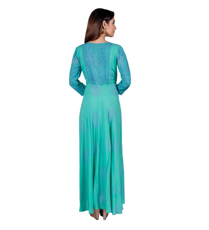 Teal Hand Block Printed Indo Western Dress with Chevron Front Panel and Sleeves