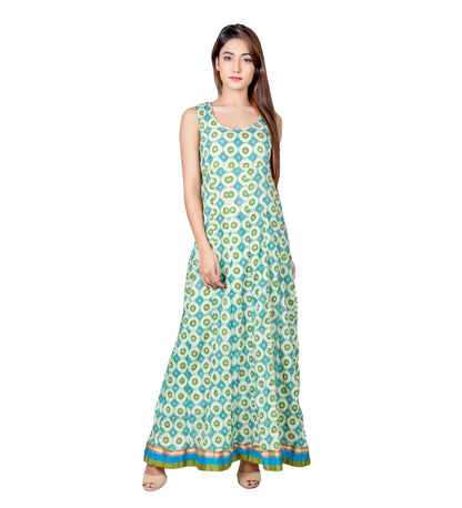Beige Green Embroidered Chanderi Kurta Dress
