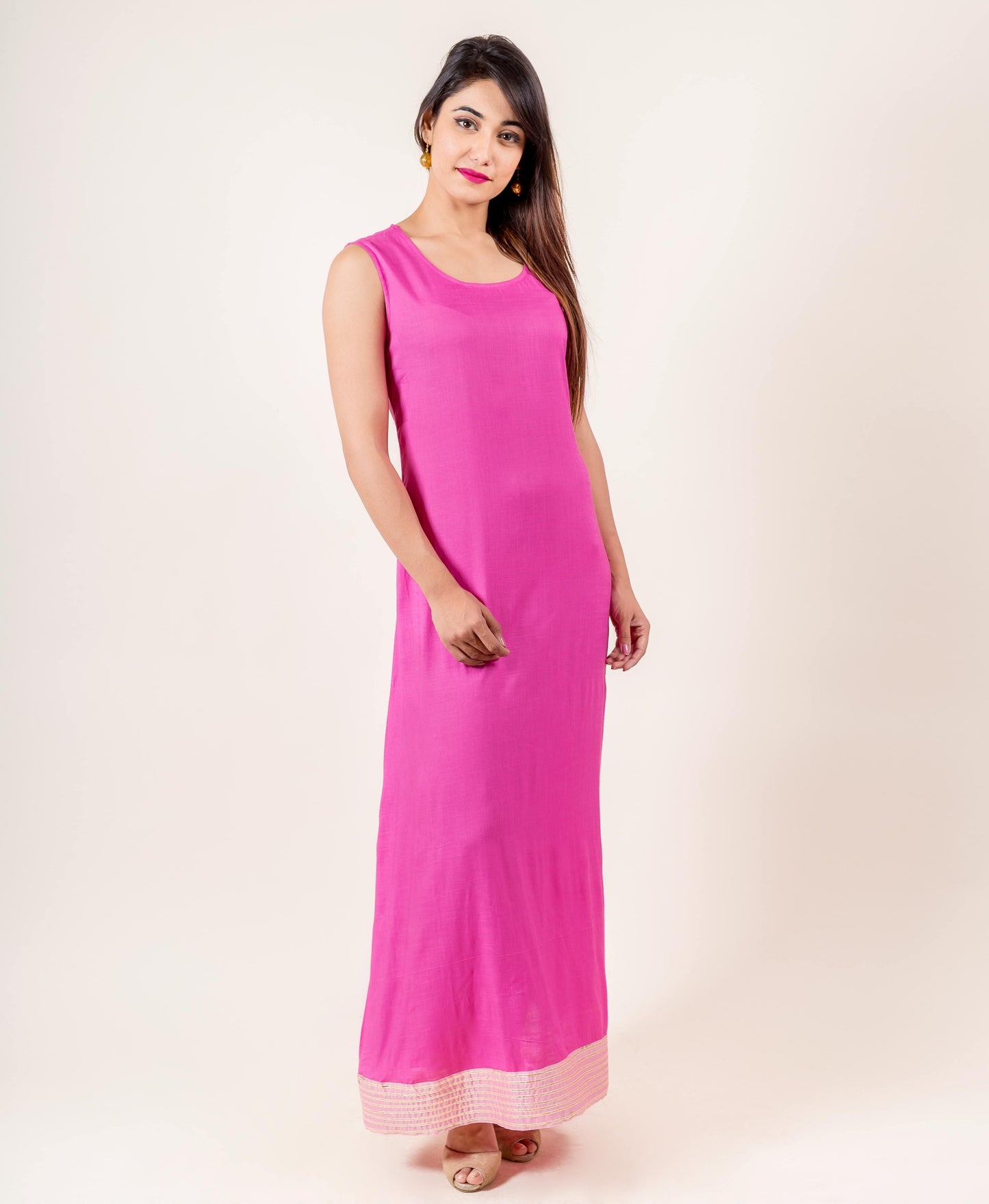 Tasseled Chanderi Pink With Gold Gota Print