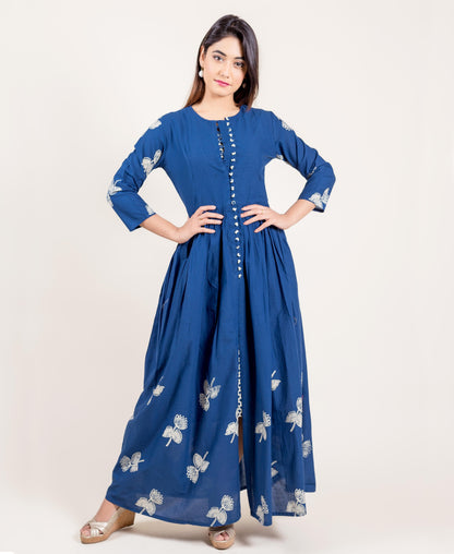 Layered Indigo Cotton Panel Printed Long Dress