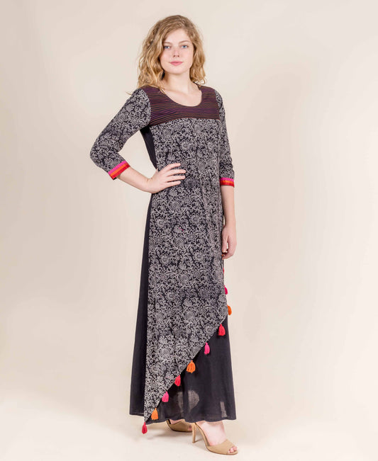 Black Hand Block Printed Dress with Tassels