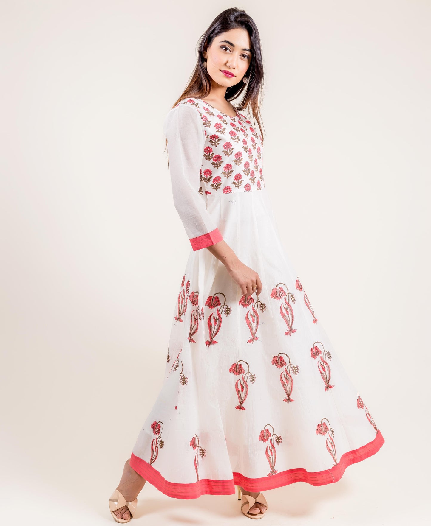 Ivory Printed Chanderi Anarkali Long Dress
