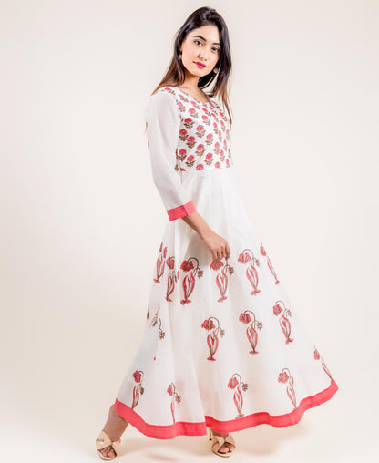 Ivory Printed Chanderi Anarkali Long Dress