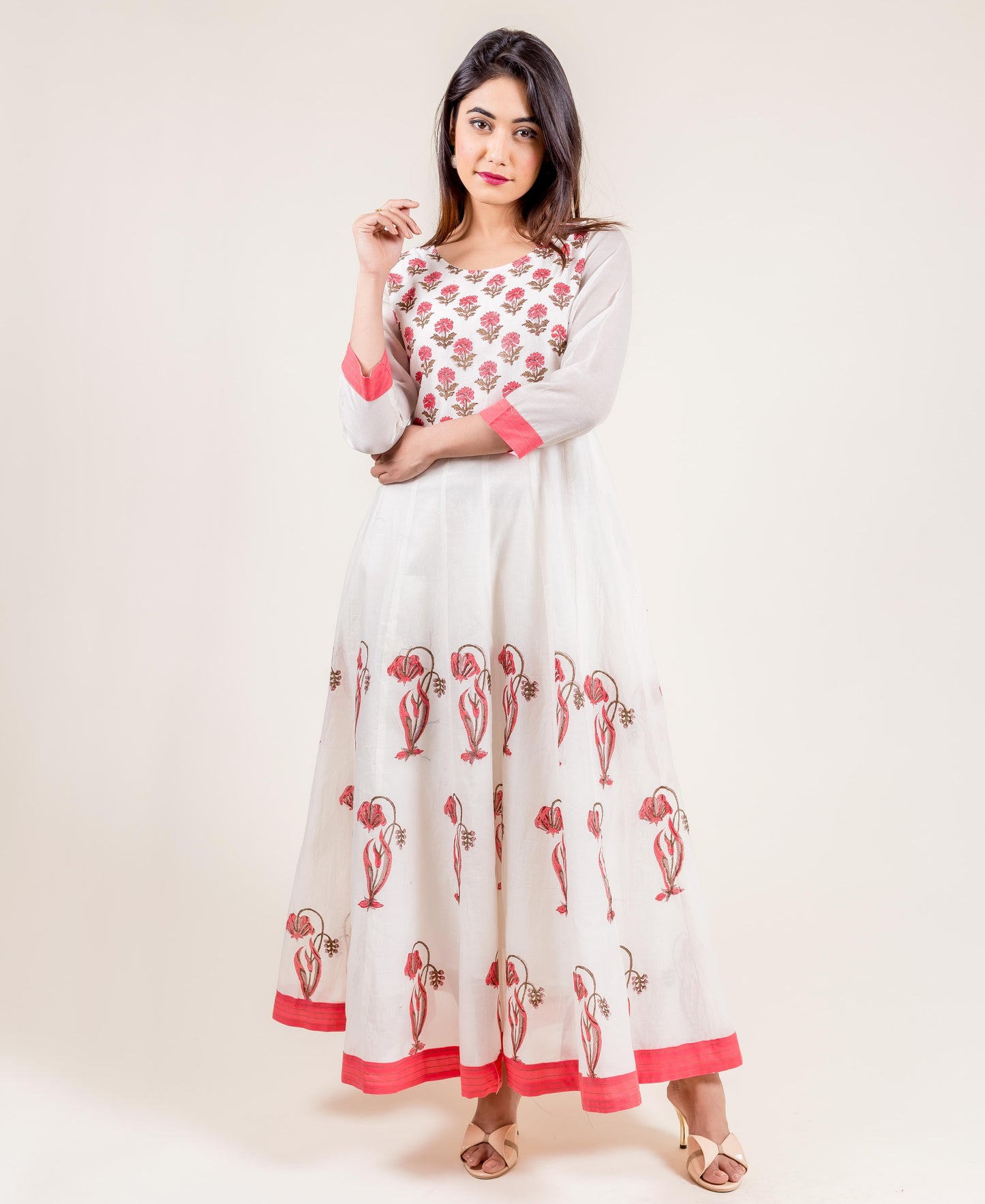 Ivory Printed Chanderi Anarkali Long Dress