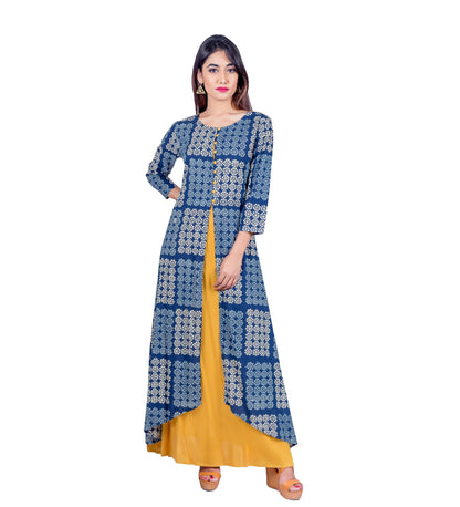 C- Cut Long Indo Western Dress With Solid Yellow Inner