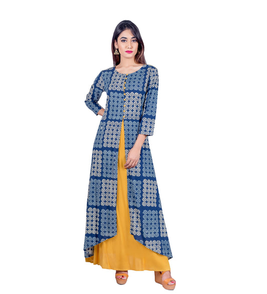 C- Cut Long Indo Western Dress With Solid Yellow Inner