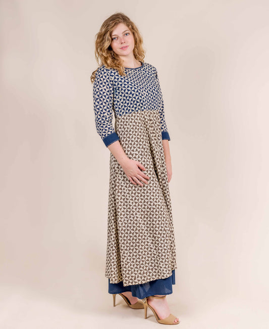 Blue and Beige Hand Block  Printed Indo-Western Long  Dress