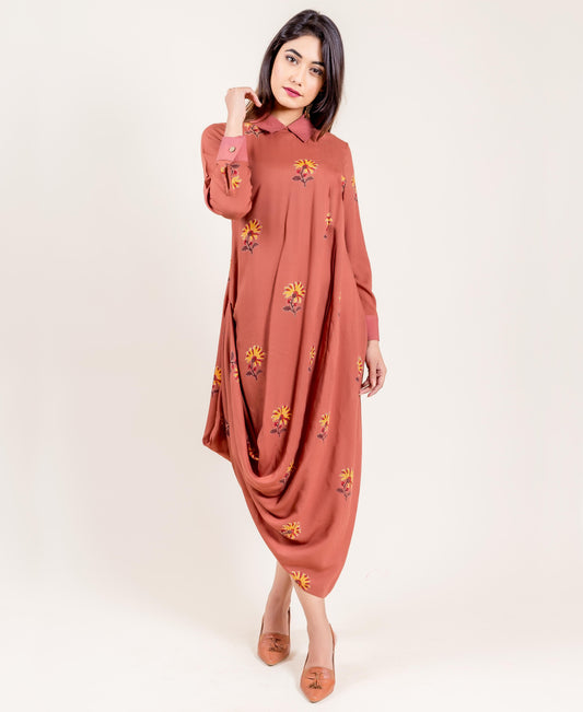 Modal Brown Printed Long Drape Dress