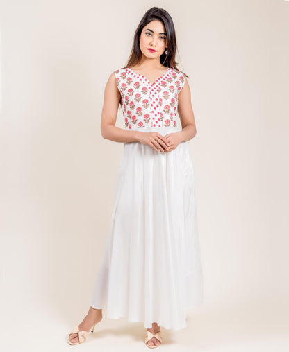 Printed Ivory Chanderi Jacketed Long Indo Western Dress