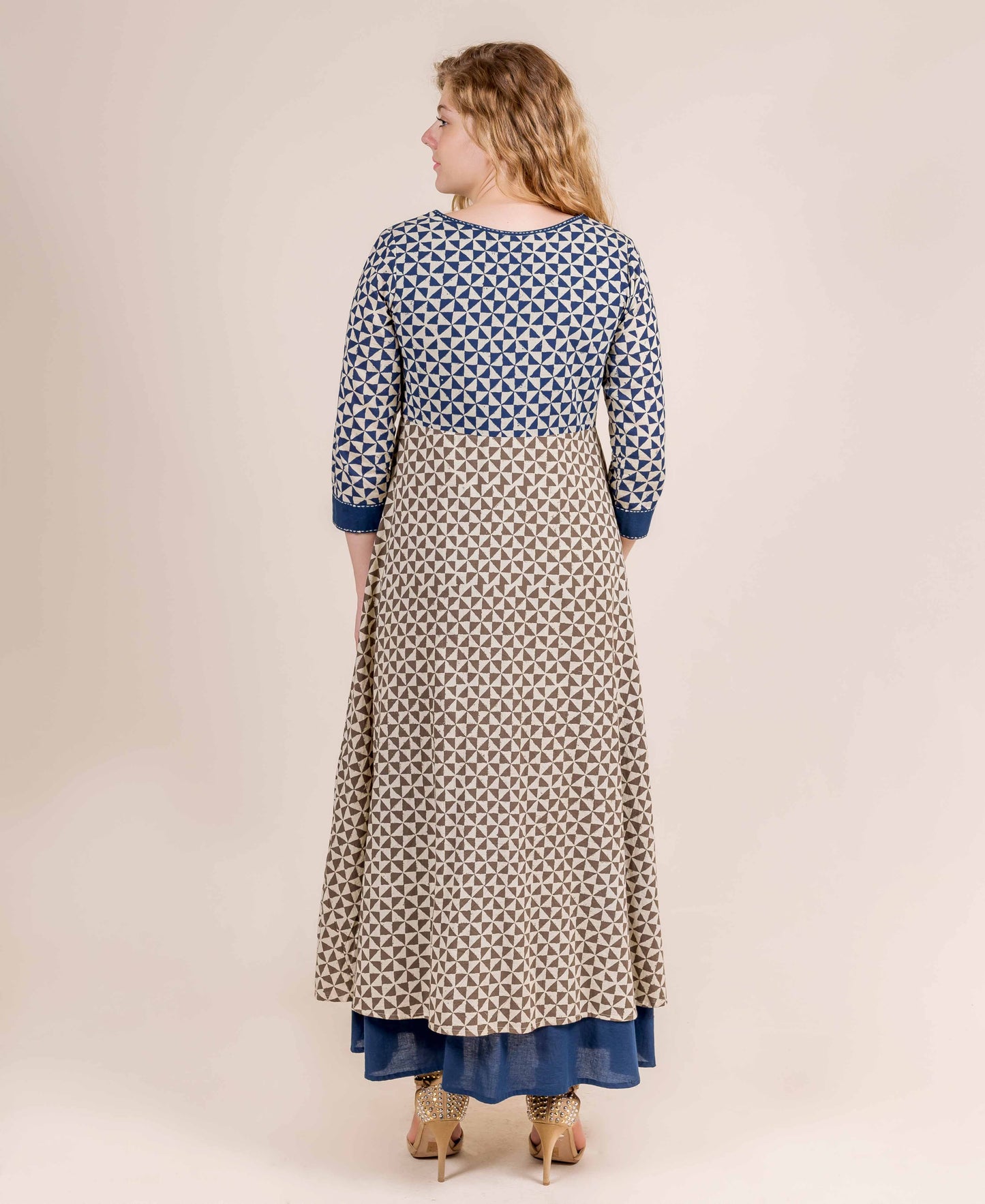 Blue and Beige Hand Block  Printed Indo-Western Long  Dress