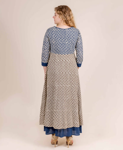 Blue and Beige Hand Block  Printed Indo-Western Long  Dress