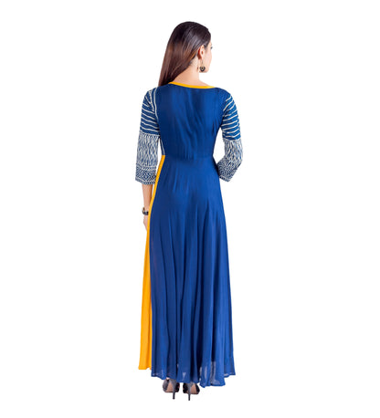Indigo / Mustard Yellow Hand Block Print Indo Western Dress