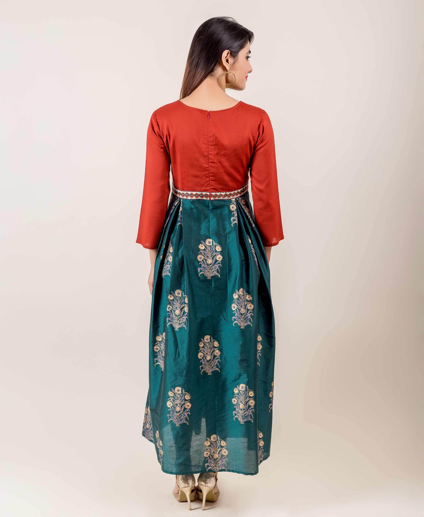 Golden Printed Indo Western Dress In Rust And Teal Shades