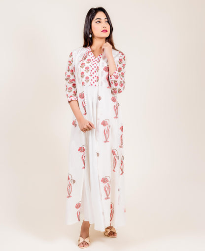 Printed Ivory Chanderi Jacketed Long Indo Western Dress