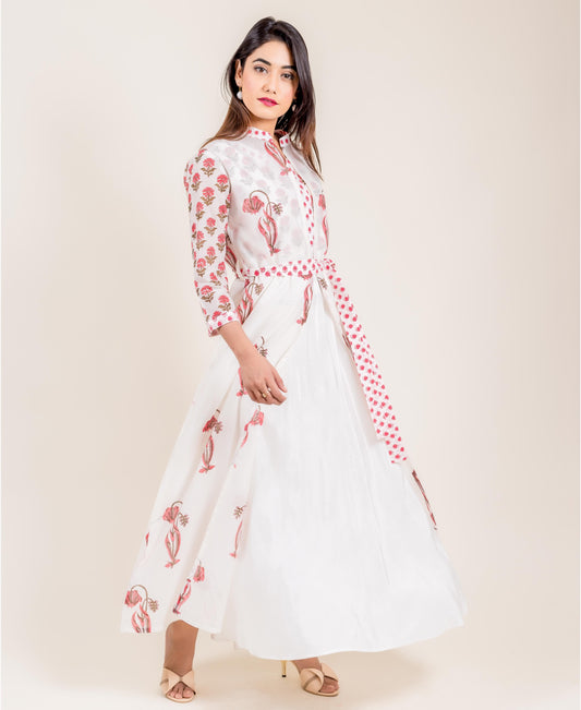 Printed Ivory Chanderi Jacketed Long Indo Western Dress