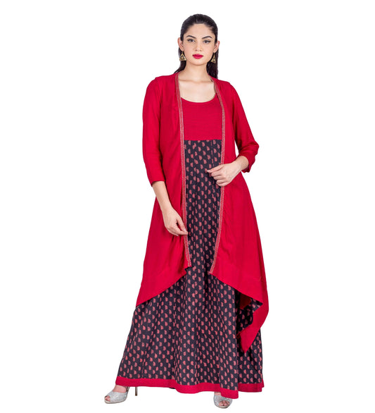 Red / Black Hand Block Printed Jacket Style Indo Western Dress with Pintuck Embroidery