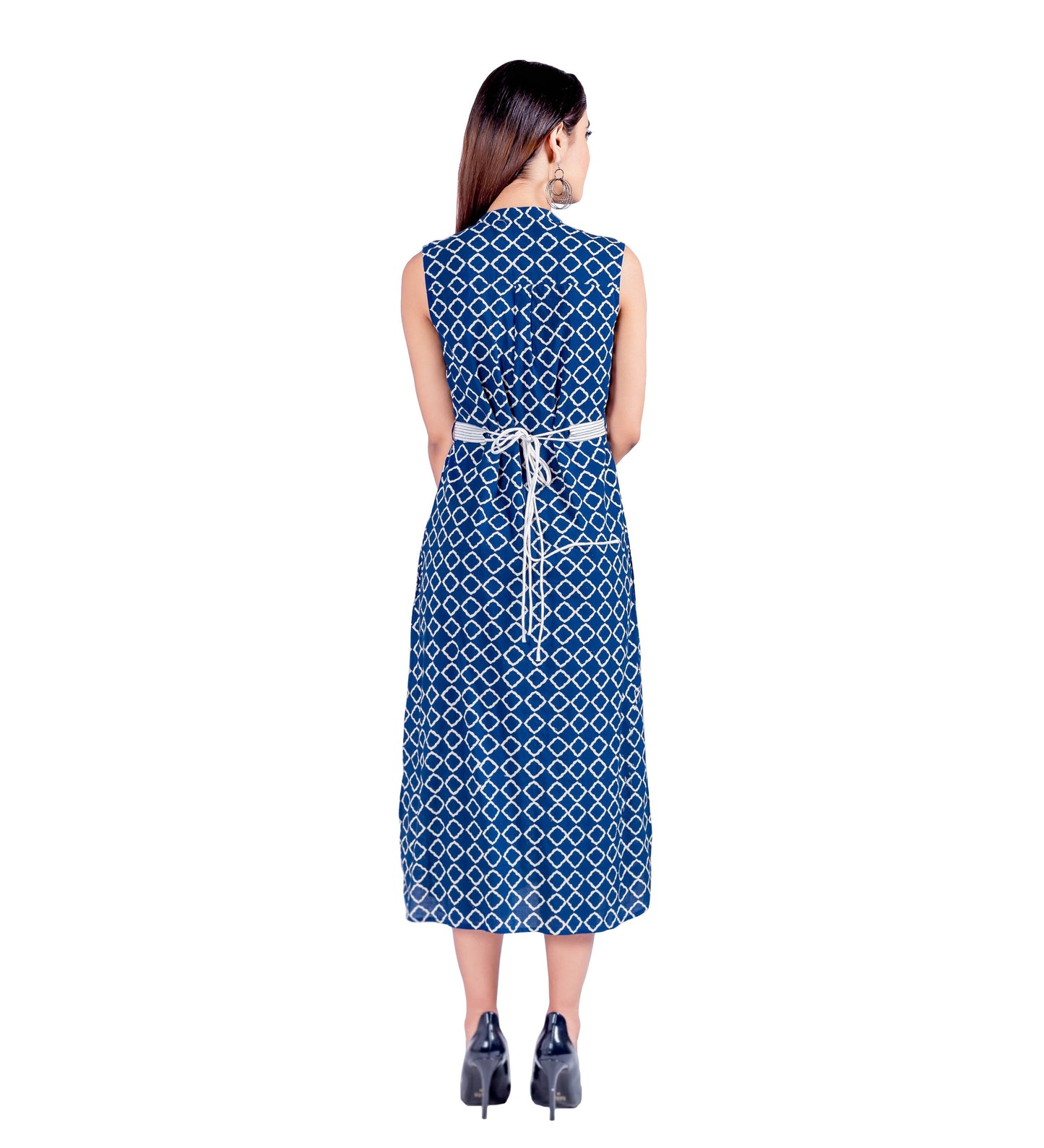 Blue/White Button-Down Hand Block Print Sleeveless Dress