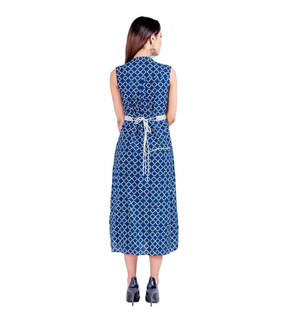 Blue/White Button-Down Hand Block Print Sleeveless Dress