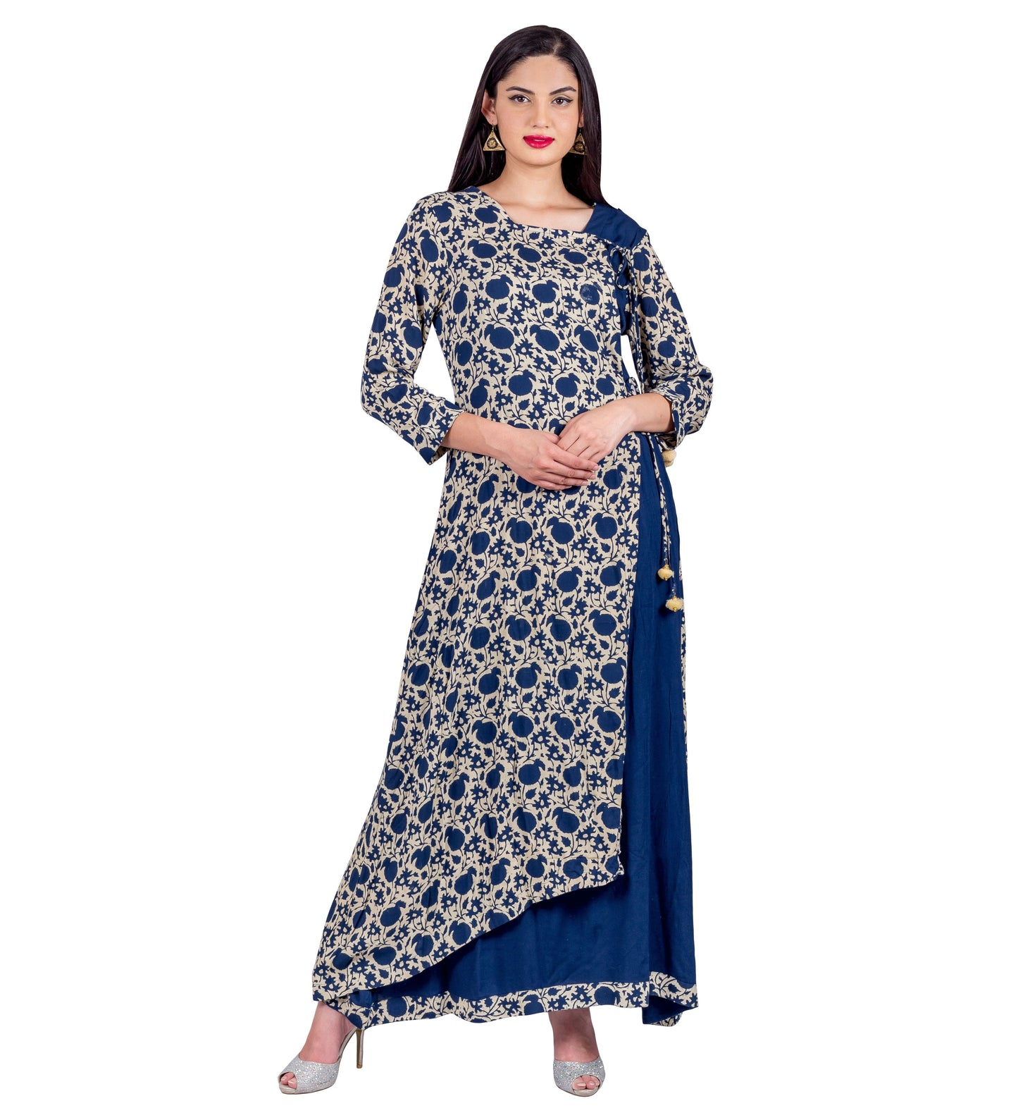 Indigo Angrakha Style Block Printed Full Length Indo Western Gown