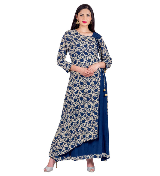 Indigo Angrakha Style Block Printed Full Length Indo Western Gown