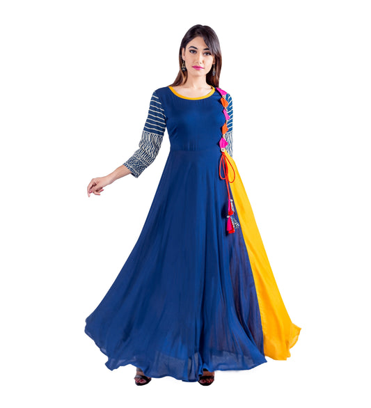 Indigo / Mustard Yellow Hand Block Print Indo Western Dress