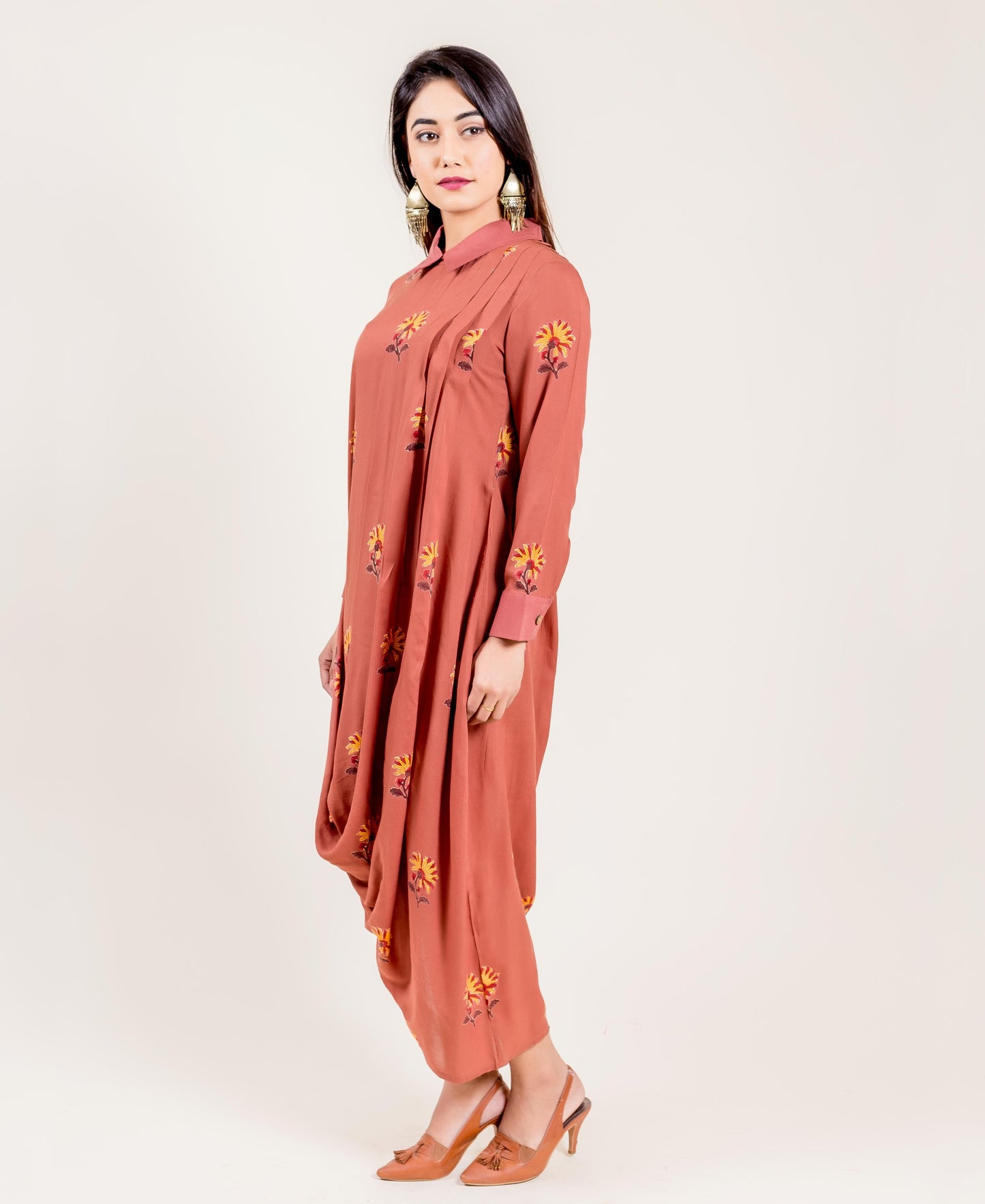 Modal Brown Printed Long Drape Dress