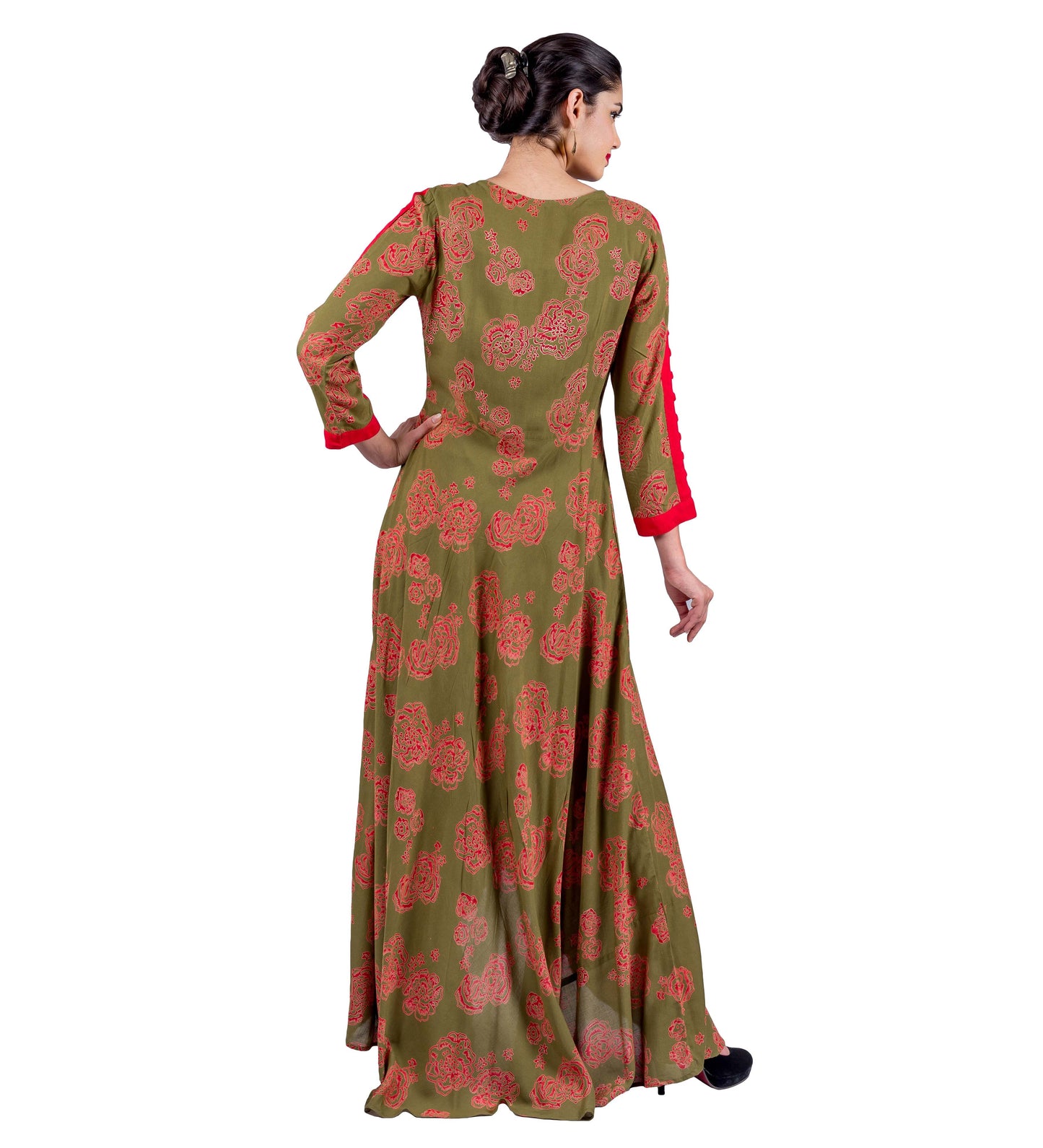 Olive / Rust Hand Block Print Floor Length Indo Western Dress