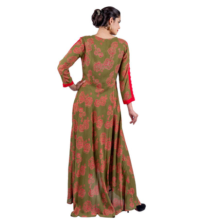 Olive / Rust Hand Block Print Floor Length Indo Western Dress