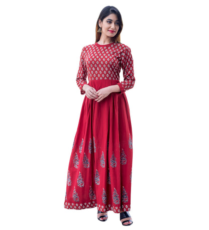 Rust Hand Block Print Indo Western Dress