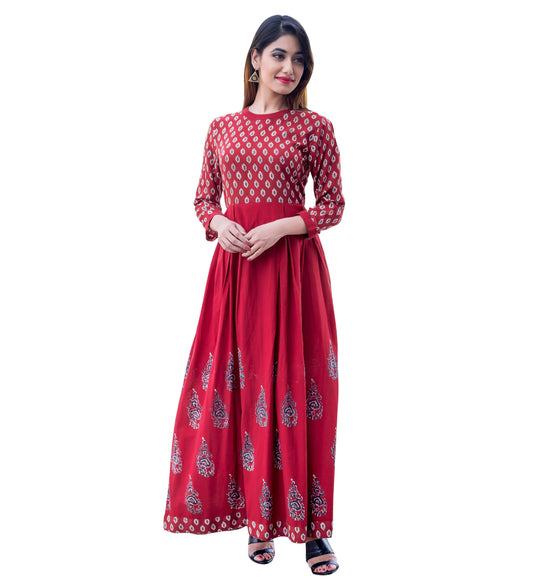 Rust Hand Block Print Indo Western Dress