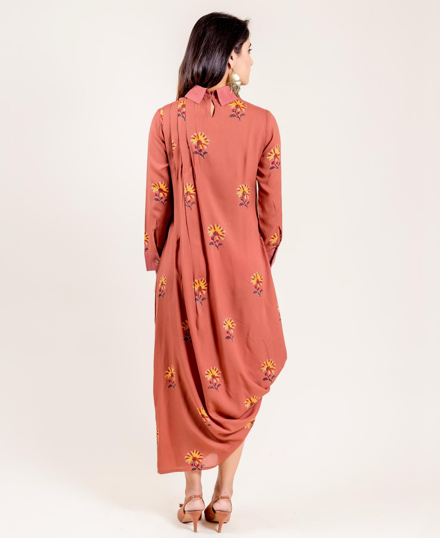 Modal Brown Printed Long Drape Dress