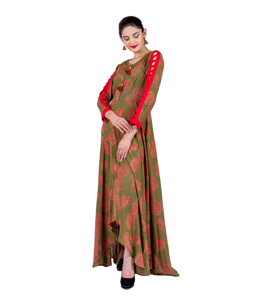 Olive / Rust Hand Block Print Floor Length Indo Western Dress
