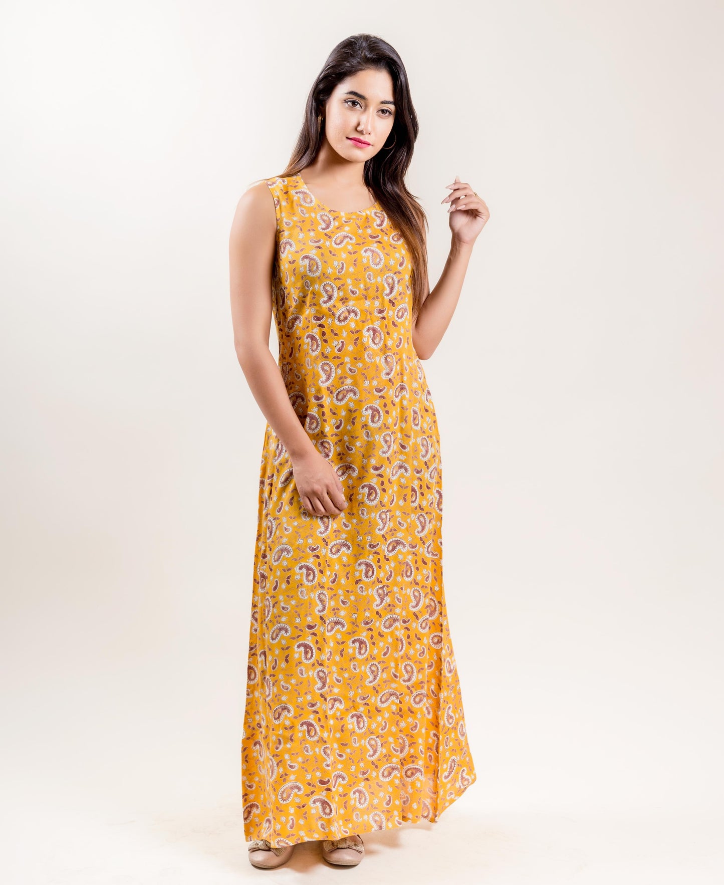 Brown and Mustard Hand Block Printed Double Layered Long Jacket Dress