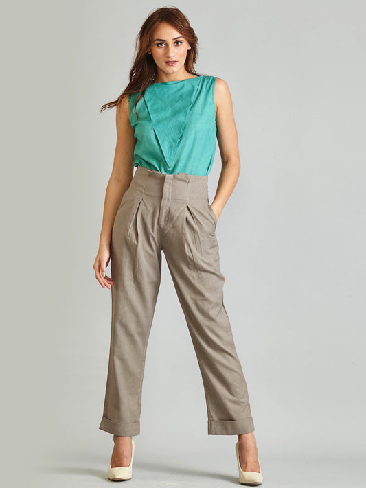 Knife Pleat Straight Turn-up Trousers - Stone Grey