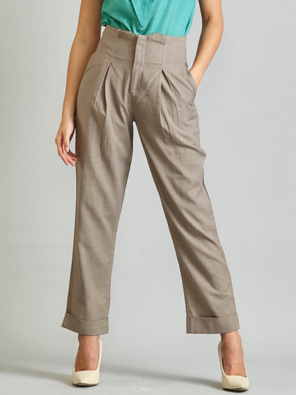 Knife Pleat Straight Turn-up Trousers - Stone Grey