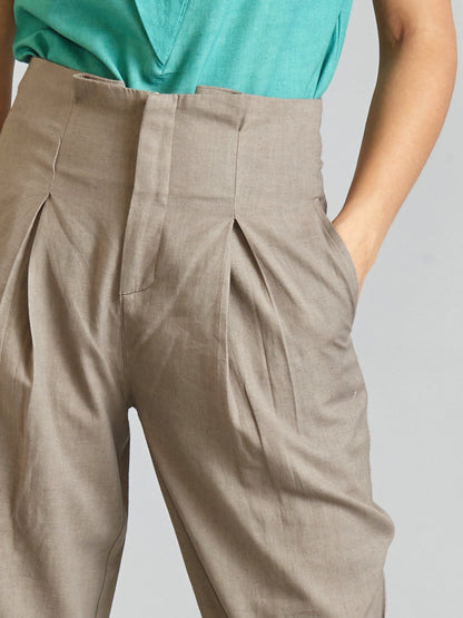 Knife Pleat Straight Turn-up Trousers - Stone Grey