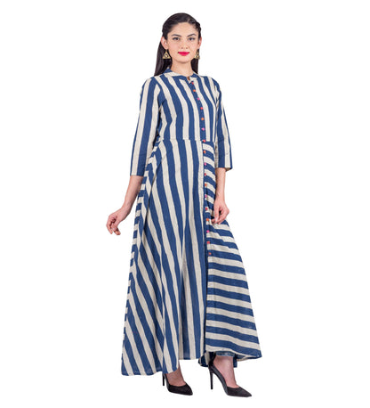 Indigo / White Button Down Striped Mandarin Collar Flared Indo Western Dress