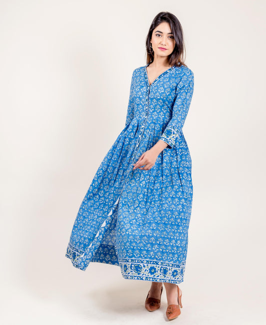 Hand Block Printed Quarter Sleeves Long Cotton Maxi Dress