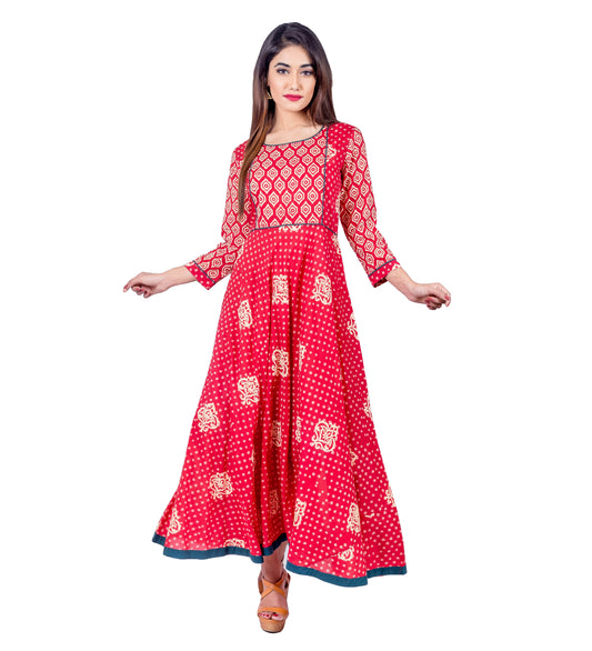 Red Flare Hand Block Print Indo Western Dress