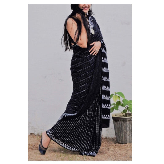 Valiba Black Pure Soft  Linen Cotton Digital Sarees