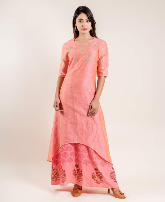 Coral High Low Embroidered Hand Block Printed Indo Western Dress