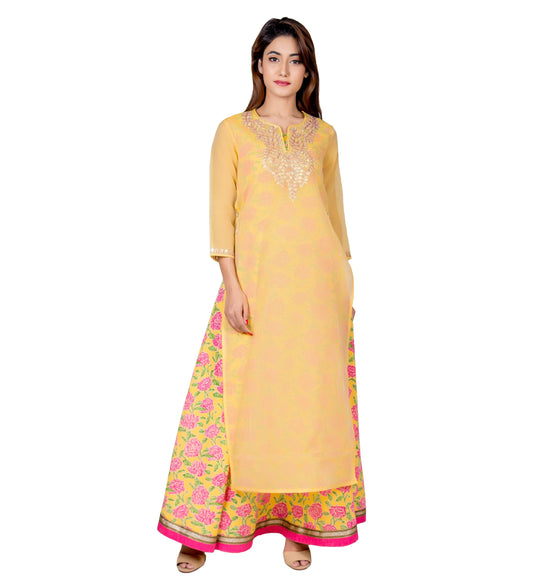Yellow and Pink Hand Block Printed Embroidered Indo Western Dress with Chanderi Jacket