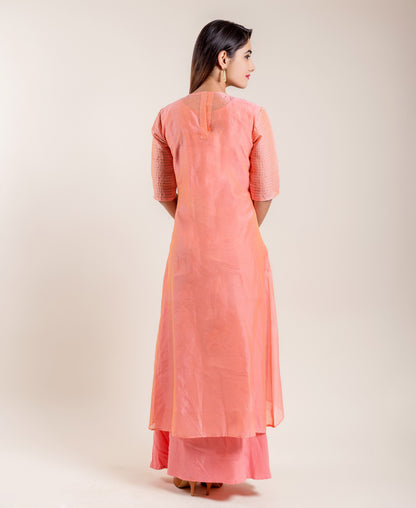 Coral High Low Embroidered Hand Block Printed Indo Western Dress