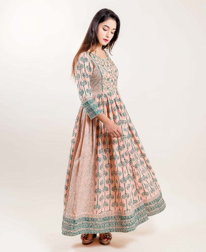 Embroidered Cotton Printed Long Indo Western Style Anarkali  Dress